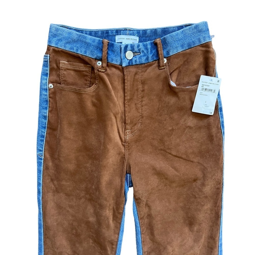 Nwt Good American Icon Mixed Media Denim & Faux Suede Pants In Indigo Western - Picture 7 of 11